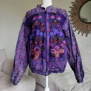 Guatemalan Cotton Purple Embroidered Zip Front Knit Coat